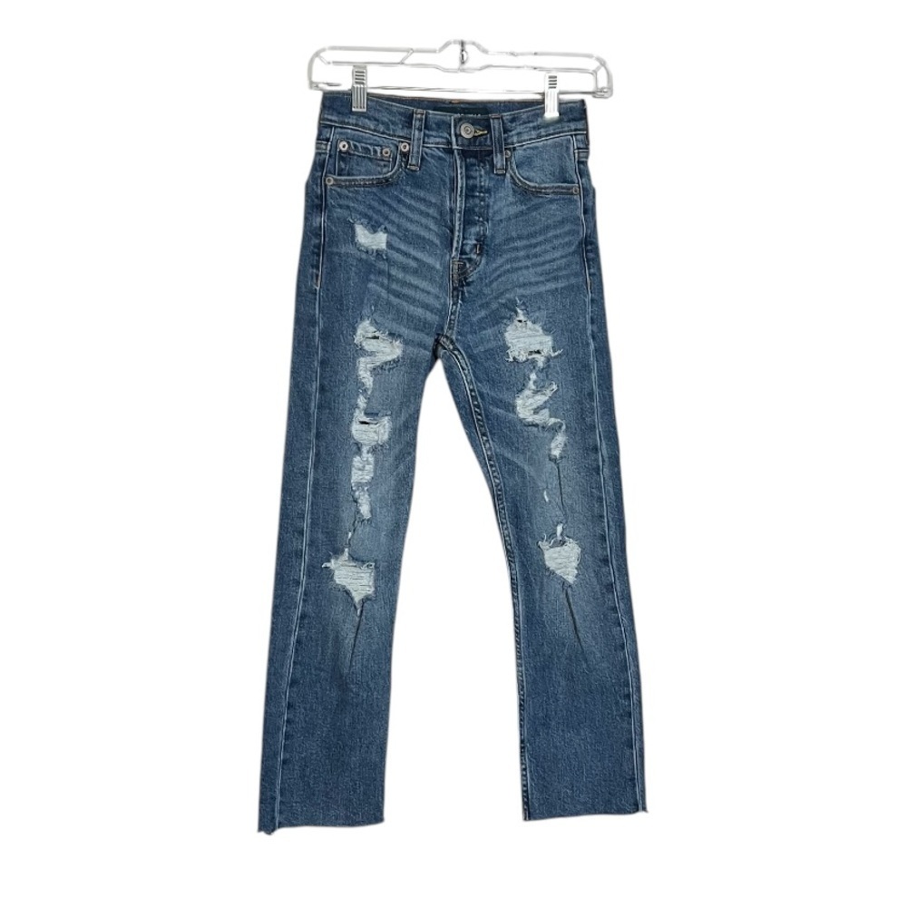 Aeropostale Super High Rise Straight Jeans Darker Wash Size 000 Ripped Distress